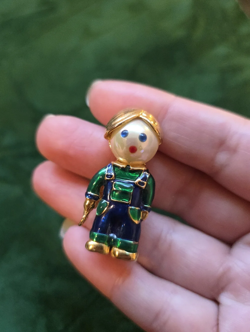 1980s Gold Plated Enamel Boy In Overalls Brooch